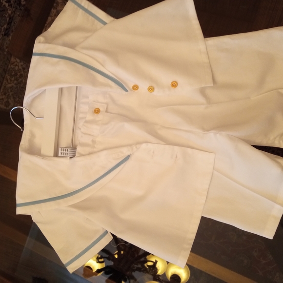 White Button-Up Shirt with Blue Trim